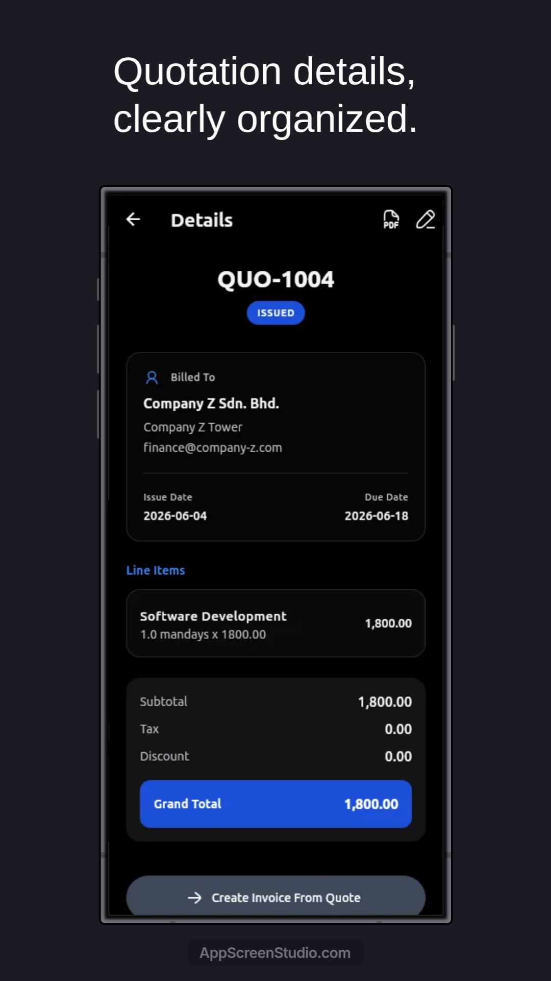InvoiceFlow quotation detail screen with customer details, totals, and create invoice action