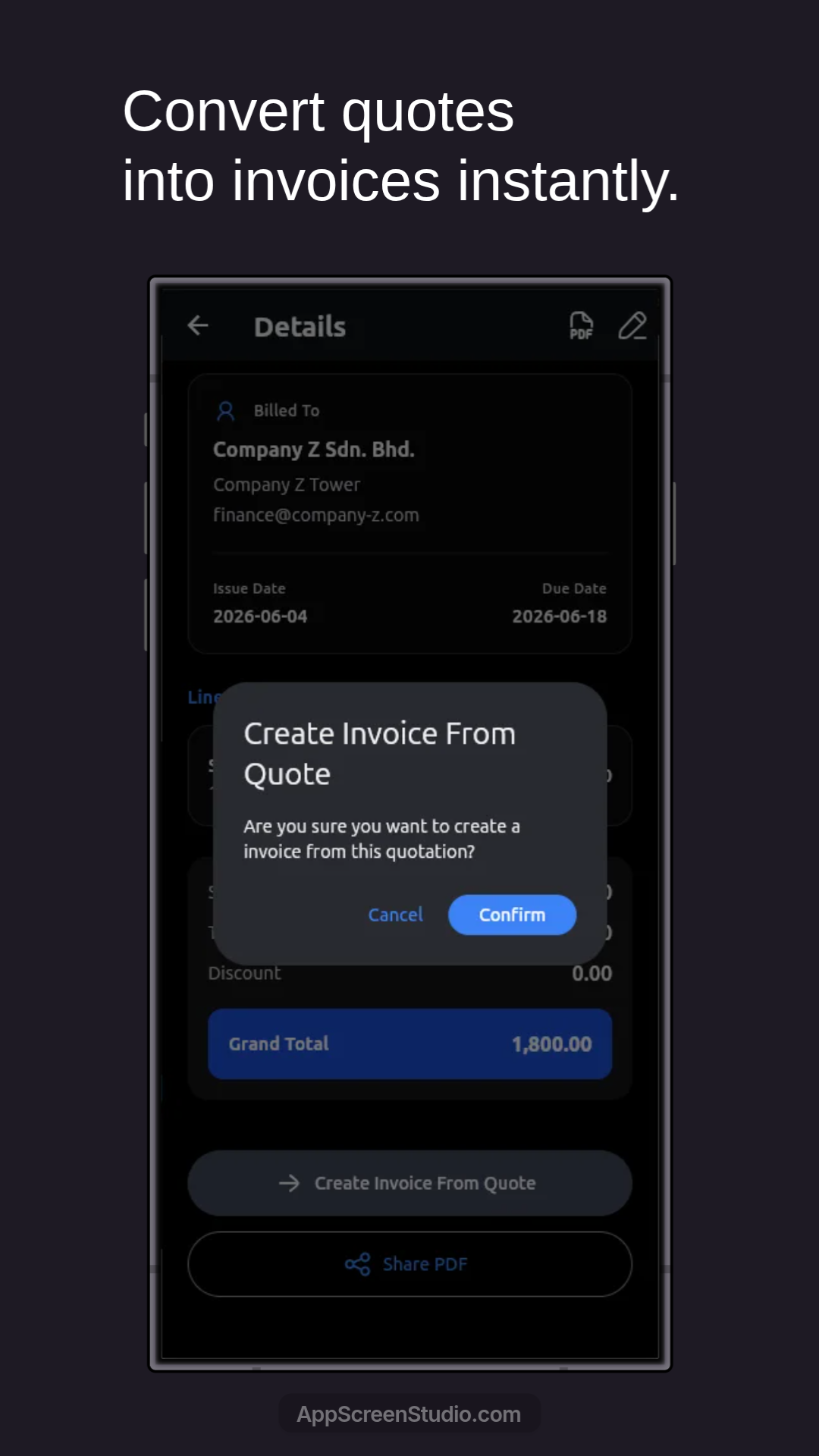 InvoiceFlow confirmation dialog for creating an invoice from a quote