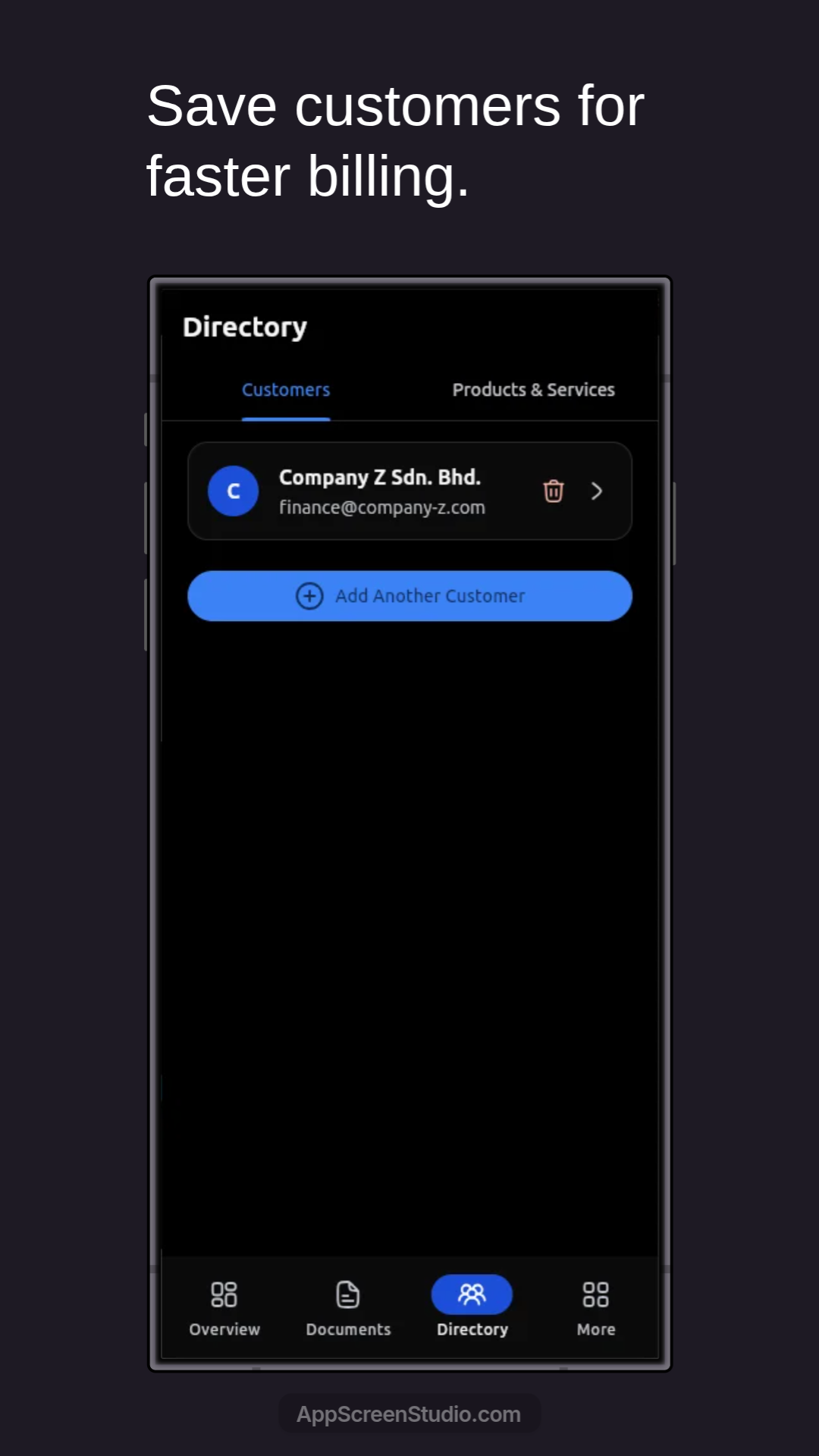 InvoiceFlow customer directory with saved customer entry and add customer action