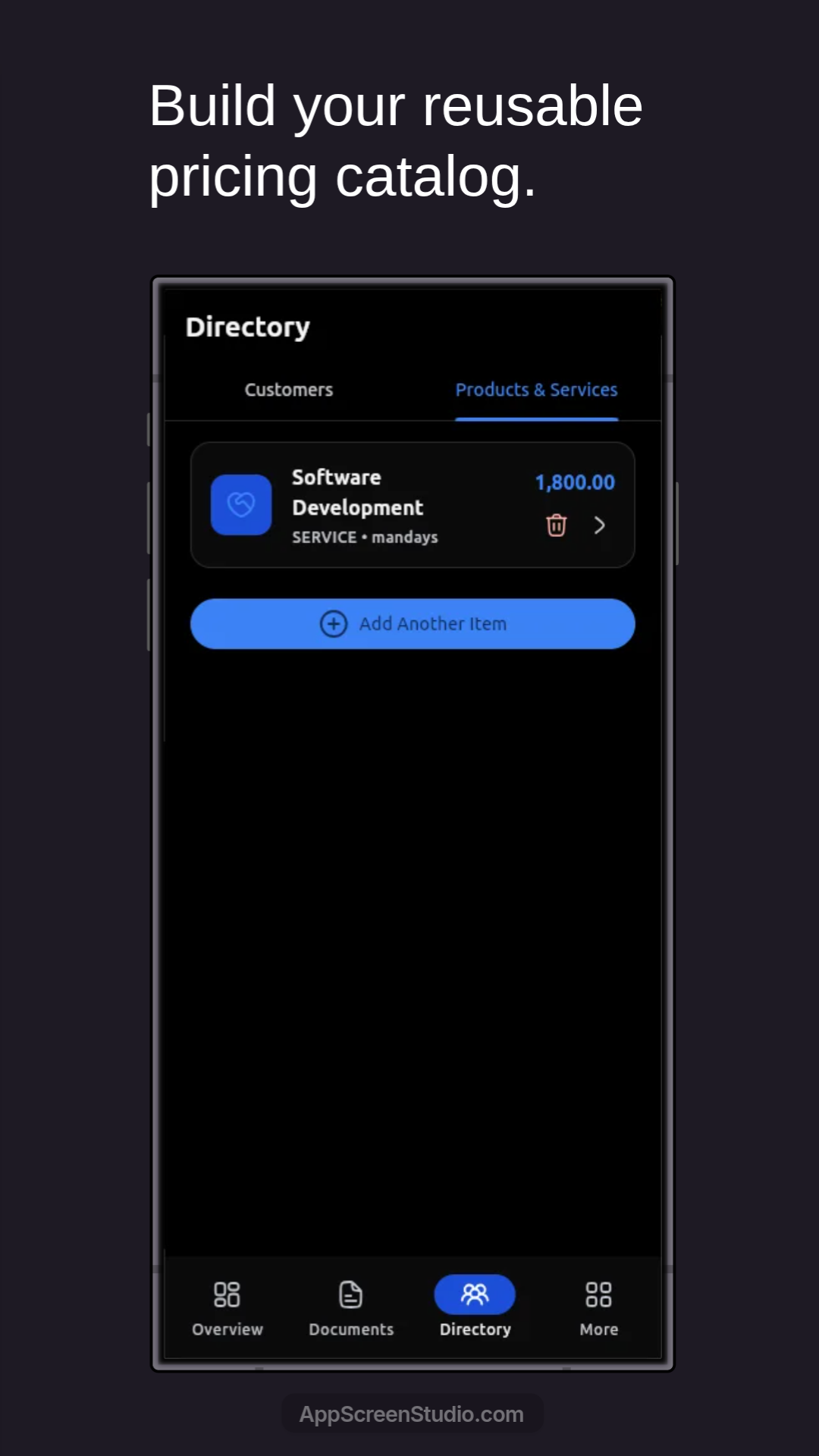 InvoiceFlow products and services directory with reusable pricing item