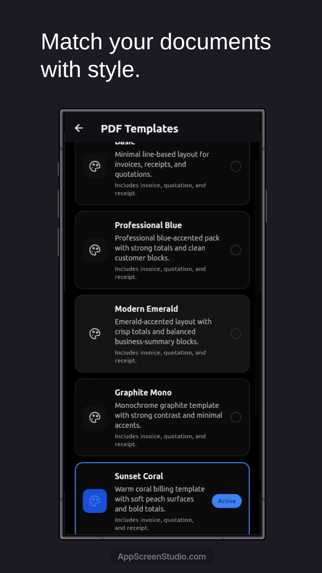 InvoiceFlow PDF template selector with multiple billing document themes