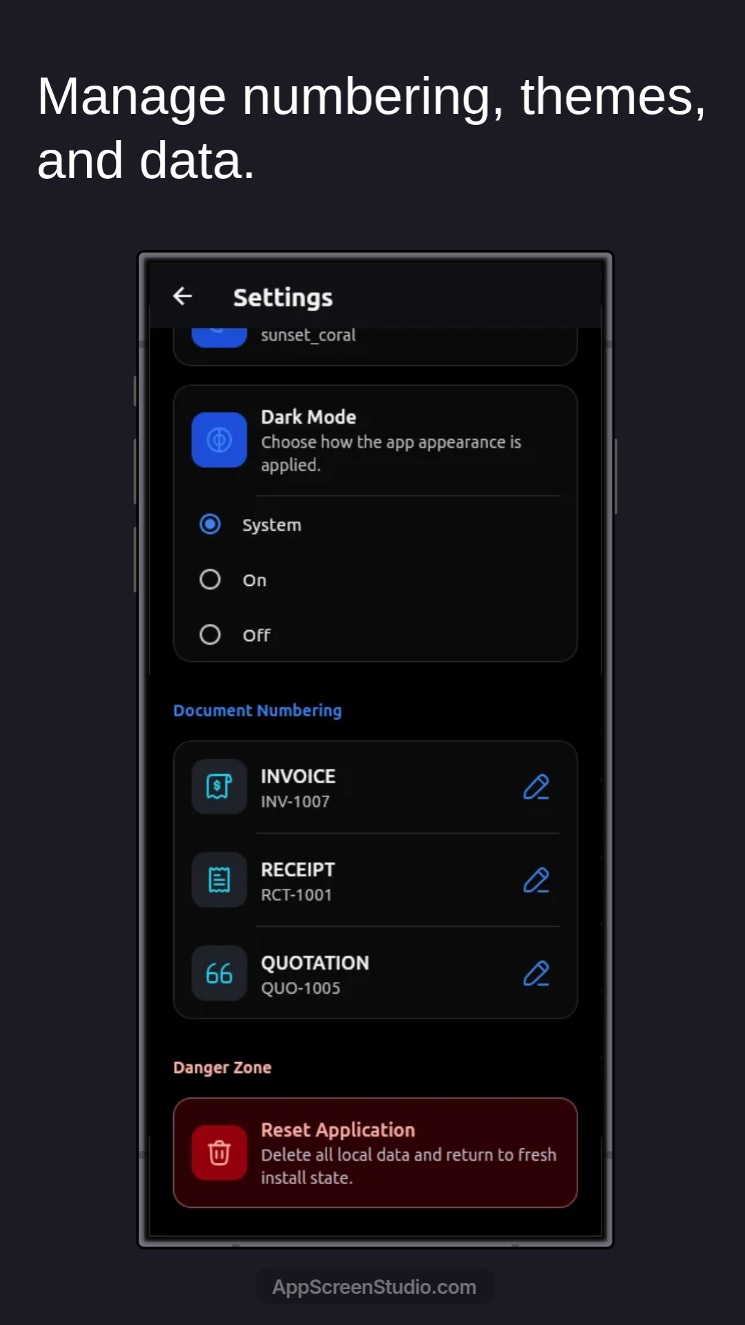 InvoiceFlow settings page with dark mode, document numbering, and reset options